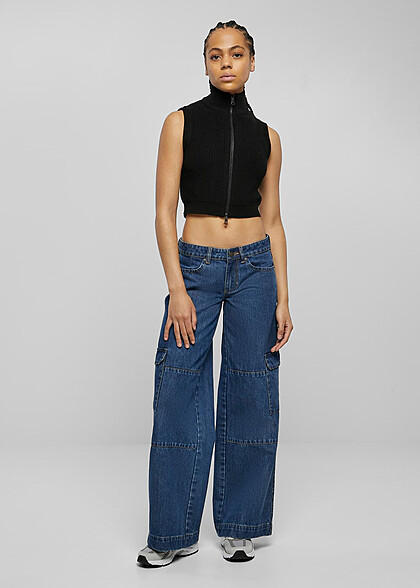 Urban Classics Damen Cropped Strickweste mit Zipper und Stehkragen schwarz