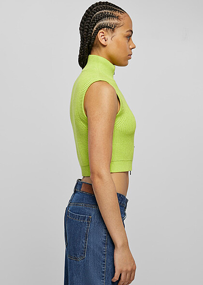 Urban Classics Damen Cropped Strickweste mit Zipper und Stehkragen frozen gelb