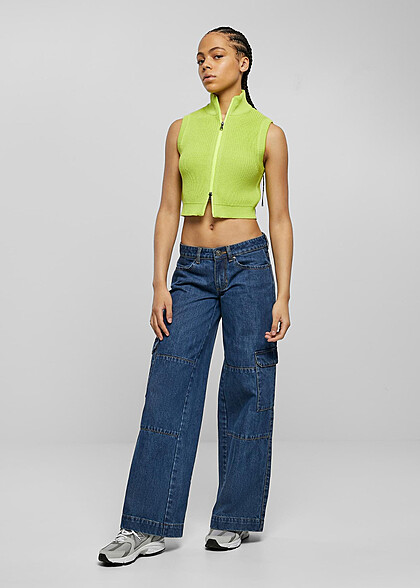 Urban Classics Damen Cropped Strickweste mit Zipper und Stehkragen frozen gelb
