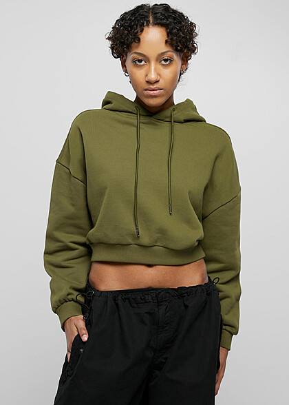 Urban Classics Damen Cropped Heavy Hoodie mit Tunnelzug summerolive grn