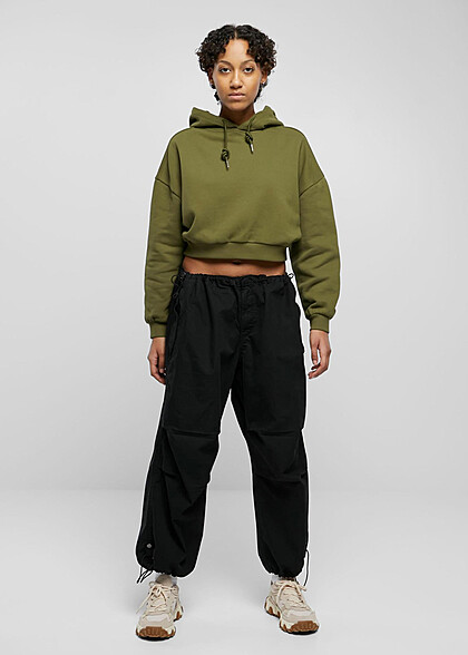Urban Classics Damen Cropped Heavy Hoodie mit Tunnelzug summerolive grn