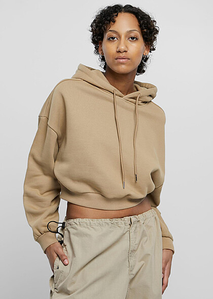 Urban Classics Damen Cropped Heavy Hoodie mit Tunnelzug warmsand beige