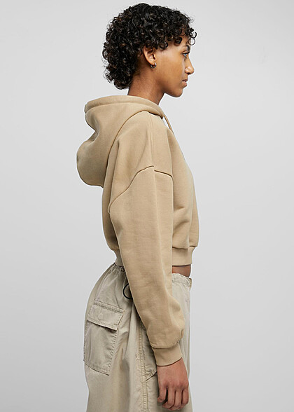 Urban Classics Damen Cropped Heavy Hoodie mit Tunnelzug warmsand beige