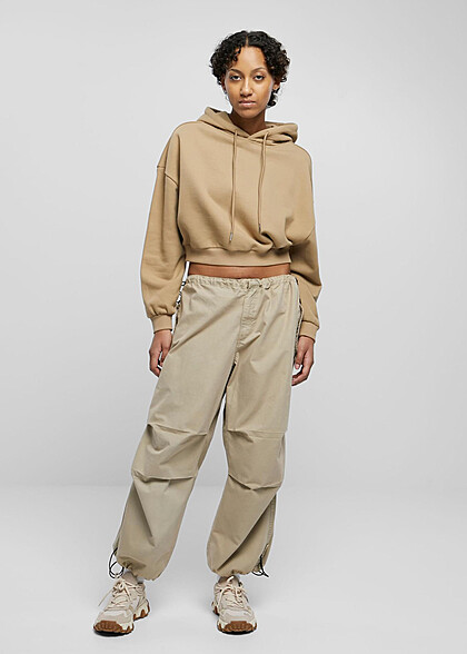 Urban Classics Damen Cropped Heavy Hoodie mit Tunnelzug warmsand beige