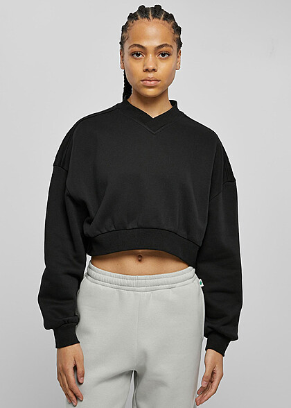 Urban Classics Damen Cropped Sweater Pullover mit V-Neck schwarz