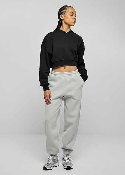 Urban Classics Damen Cropped Sweater Pullover mit V-Neck schwarz