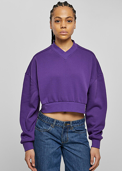 Urban Classics Damen Cropped Sweater Pullover mit V-Neck realviolet lila
