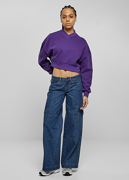 Urban Classics Damen Cropped Sweater Pullover mit V-Neck realviolet lila