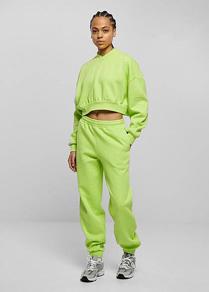 Urban Classics Damen Cropped Sweater Pullover mit V-Neck frozen yellow gelb grün