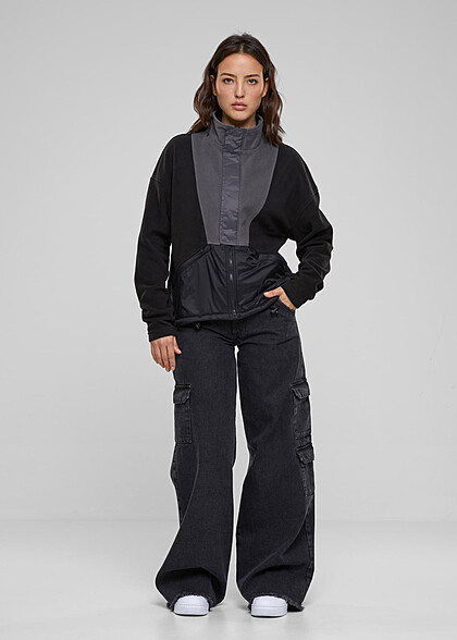 Urban Classics Damen Polar Fleece Jacke mit Zipper schwarz dunkel grau