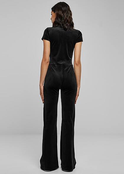 Urban Classics Damen Samt Jumpsuit mit V-Neck schwarz