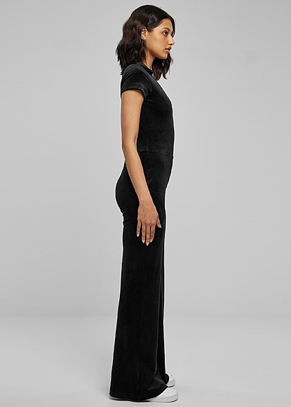 Urban Classics Damen Samt Jumpsuit mit V-Neck schwarz