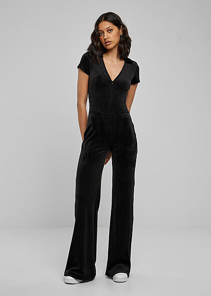 Urban Classics Damen Samt Jumpsuit mit V-Neck schwarz