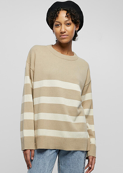 Urban Classics Damen Sweater Strickpullover mit Rundhals und Streifenmuster sand beige
