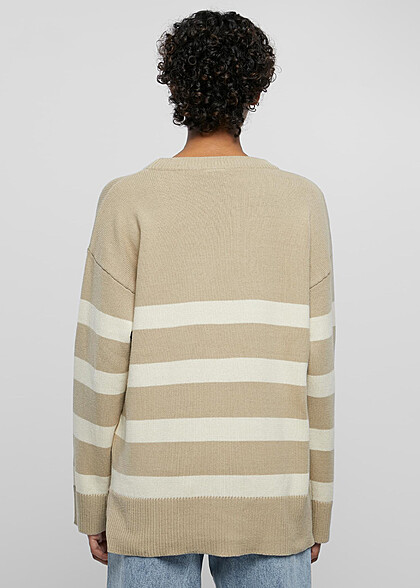 Urban Classics Damen Sweater Strickpullover mit Rundhals und Streifenmuster sand beige