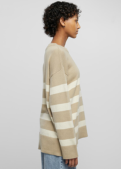 Urban Classics Damen Sweater Strickpullover mit Rundhals und Streifenmuster sand beige