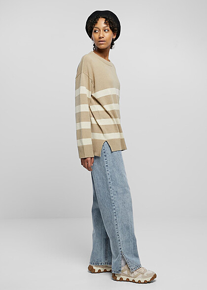 Urban Classics Damen Sweater Strickpullover mit Rundhals und Streifenmuster sand beige