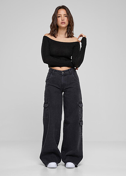 Urban Classics Damen Glitter Off-Shoulder Longsleeve schwarz