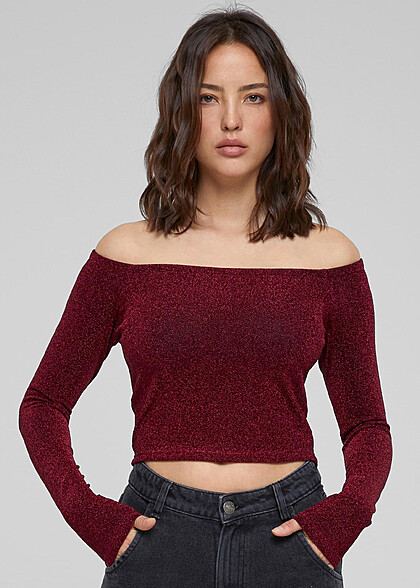 Urban Classics Damen Glitter Off-Shoulder Longsleeve burgundy dunkel rot