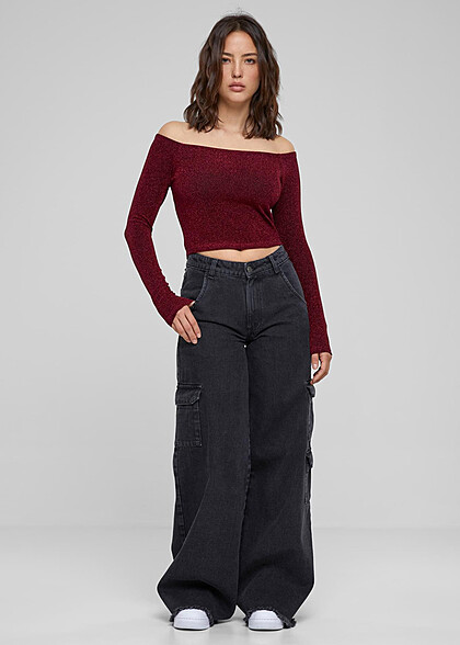 Urban Classics Damen Glitter Off-Shoulder Longsleeve burgundy dunkel rot