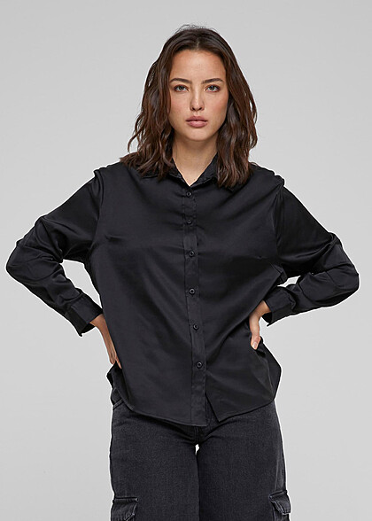 Urban Classics Damen Satin Bluse mit Knopfleiste schwarz