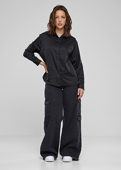 Urban Classics Damen Satin Bluse mit Knopfleiste schwarz