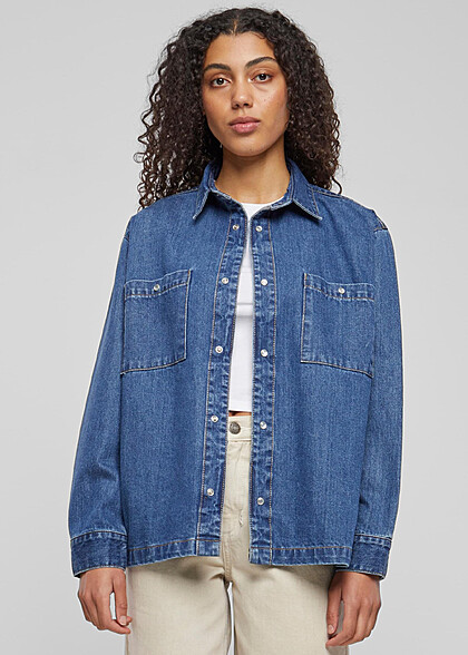 Urban Classics Damen Oversized Jeansbluse mit Knopfleiste washed indigo blau