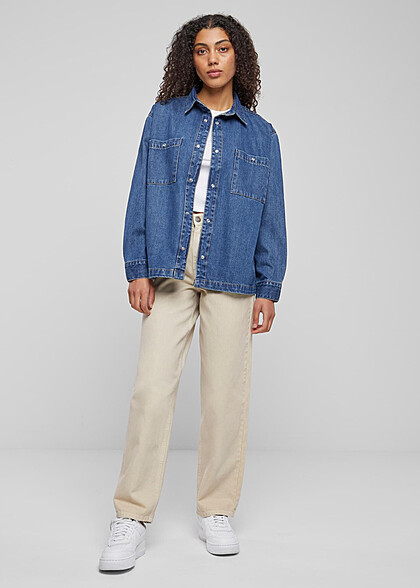 Urban Classics Damen Oversized Jeansbluse mit Knopfleiste washed indigo blau
