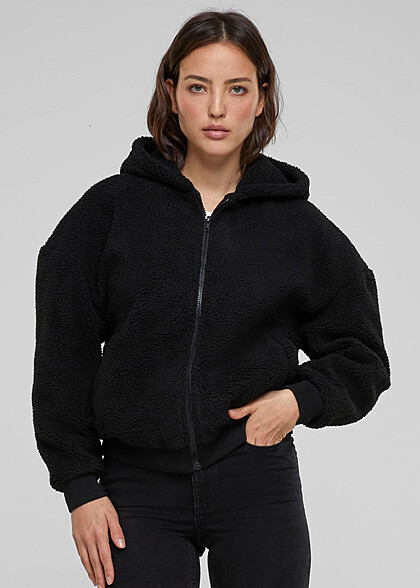 Urban Classics Damen Oversized Sherpa Zip-Hoodie mit 2-Pockets schwarz
