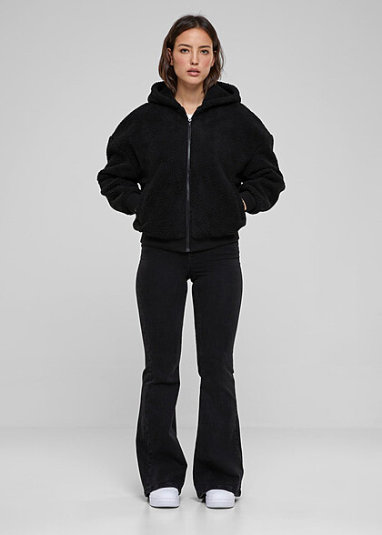 Urban Classics Damen Oversized Sherpa Zip-Hoodie mit 2-Pockets schwarz