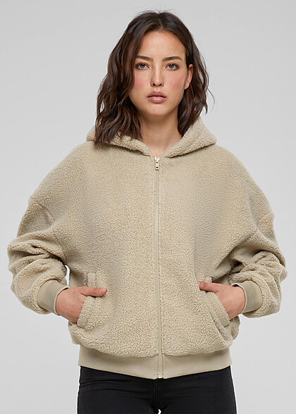 Urban Classics Damen Oversized Sherpa Zip-Hoodie mit 2-Pockets wetsand beige