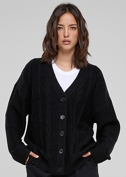 Urban Classics Damen Cardigan Zopfstrickmuster Strickjacke mit Knopfleiste schwarz