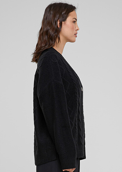 Urban Classics Damen Cardigan Zopfstrickmuster Strickjacke mit Knopfleiste schwarz