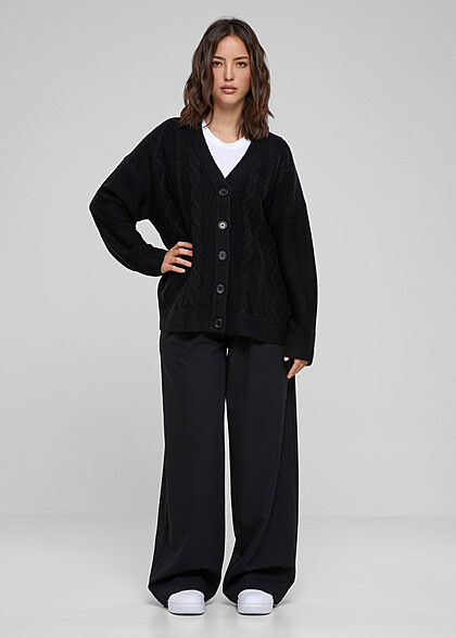 Urban Classics Damen Cardigan Zopfstrickmuster Strickjacke mit Knopfleiste schwarz