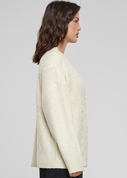 Urban Classics Damen Cardigan Zopfstrickmuster Strickjacke mit Knopfleiste sand beige