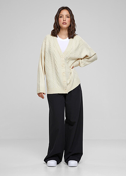 Urban Classics Damen Cardigan Zopfstrickmuster Strickjacke mit Knopfleiste sand beige