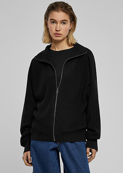 Urban Classics Damen Cardigan Strickjacke mit Zipper schwarz