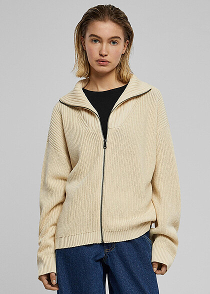 Urban Classics Damen Cardigan Strickjacke mit Zipper beige