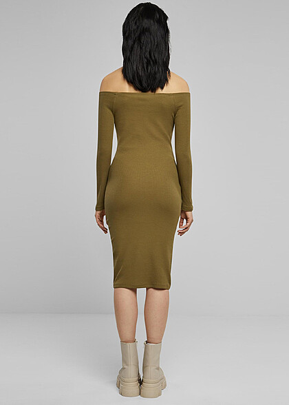 Urban Classics Damen Langarm Rib Off-Shoulder-Kleid olive grün