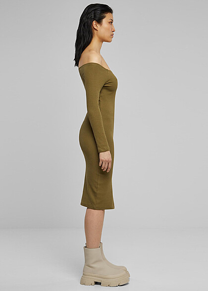 Urban Classics Damen Langarm Rib Off-Shoulder-Kleid olive grün