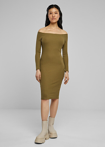 Urban Classics Damen Langarm Rib Off-Shoulder-Kleid olive grün