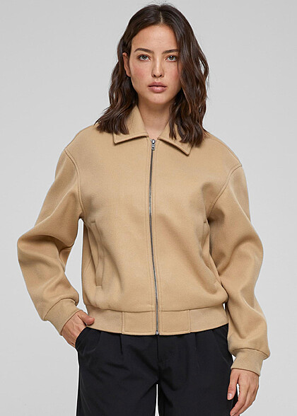 Urban Classics Damen Boxy Bomberjacke mit Zipper und 2-Pockets warmsand beige