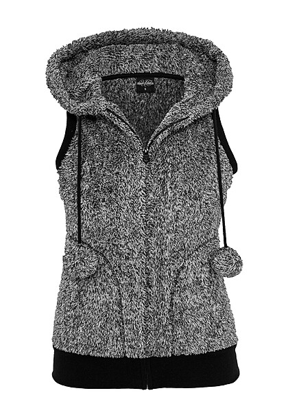 Urban Classics Damen Melange Teddyfell Weste mit Zipper und Tunnelzug schwarz grau
