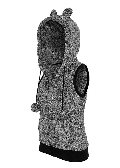 Urban Classics Damen Melange Teddyfell Weste mit Zipper und Tunnelzug schwarz grau