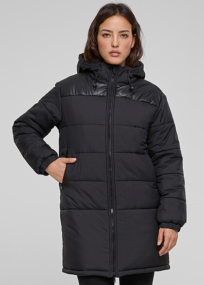 Urban Classics Damen Mantel Steppjacke mit Kapuze und Zipper schwarz