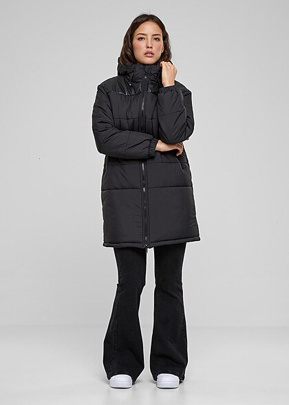 Urban Classics Damen Mantel Steppjacke mit Kapuze und Zipper schwarz