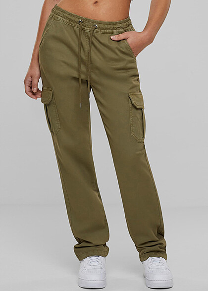 Urban Classics Damen High Waist Twill Cargohose mit Tunnelzug tiniolive grn