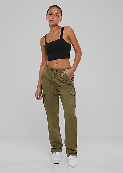 Urban Classics Damen High Waist Twill Cargohose mit Tunnelzug tiniolive grün