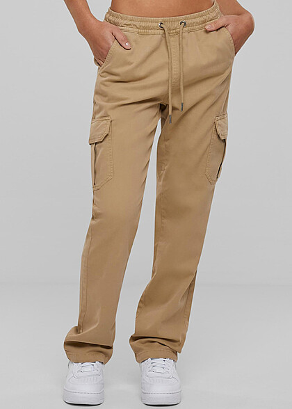 Urban Classics Damen High Waist Twill Cargohose mit Tunnelzug union beige