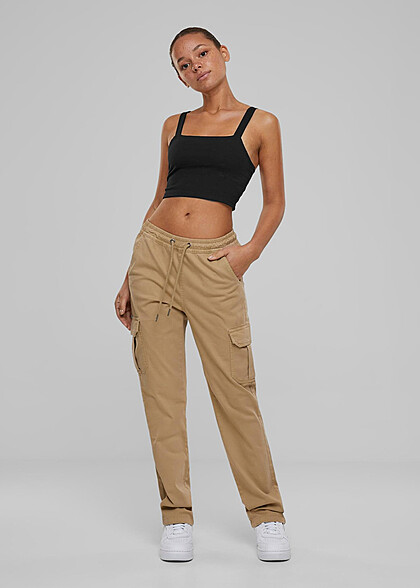 Urban Classics Damen High Waist Twill Cargohose mit Tunnelzug union beige
